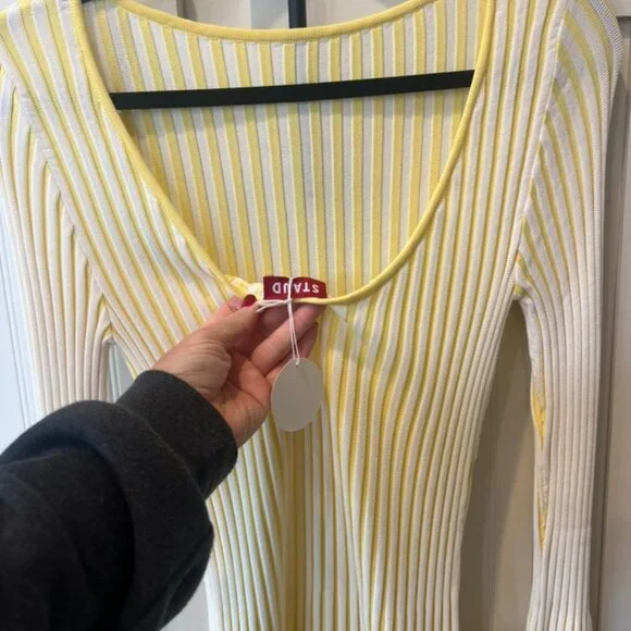 STAUD fit and flare lemon and white long sleeve dress - Picture 4 of 6